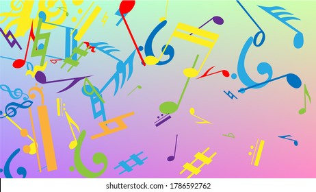 Disco Background. Many Random Falling Notes, Bass and, G Clef. Colorful Musical Notes Symbol Falling on Hologram Background. Disco Vector Template with Musical Symbols.
