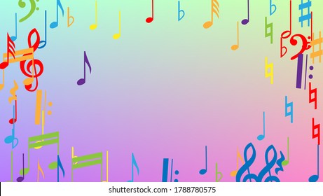 Disco Background. Many Random Falling Notes, Bass and, Treble Clef. Colorful Musical Notes Symbol Falling on Hologram Background. Disco Vector Template with Musical Symbols.