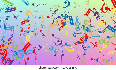 Disco Background. Many Random Falling Notes, Bass and, G Clef. Colorful Musical Notes Symbol Falling on Hologram Background. Disco Vector Template with Musical Symbols.