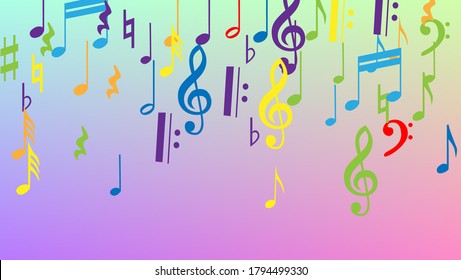 Disco Background. Many Random Falling Notes, Bass and, Treble Clef. Colorful Musical Notes Symbol Falling on Hologram Background. Disco Vector Template with Musical Symbols.