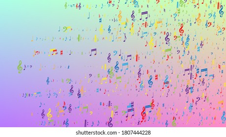 Disco Background. Many Random Falling Notes, Bass and, G Clef. Colorful Musical Notes Symbol Falling on Hologram Background. Disco Vector Template with Musical Symbols.