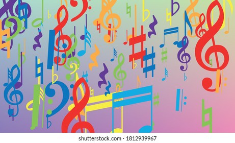 Disco Background. Many Random Falling Notes, Bass and, G Clef. Colorful Musical Notes Symbol Falling on Hologram Background. Disco Vector Template with Musical Symbols.