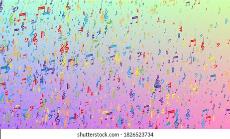 Disco Background. Many Random Falling Notes, Bass and, G Clef. Colorful Musical Notes Symbol Falling on Hologram Background. Disco Vector Template with Musical Symbols.