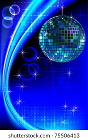 Disco background with mirror ball and abstract waves and halftones
