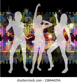 Disco background with silhouettes of dancing people