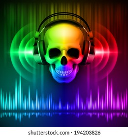 Disco background with skull in headphones, equalizer in spectrum colors