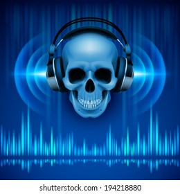 Disco background with skull in headphones, equalizer in blue shades