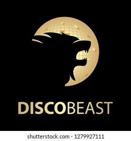 disco ball and abstract lion head silhouette, logo template 