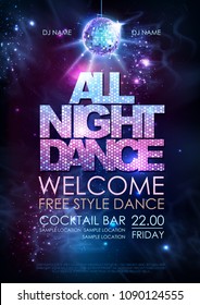 Disco ball background. Disco all night dance party poster on open space background