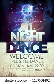 Disco ball background. Disco all night dance party poster on open space background