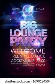 Disco ball background. Disco big lounge party poster on open space background