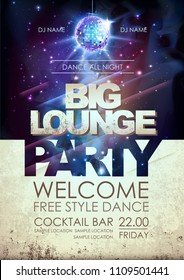 Disco ball background. Disco big lounge party poster on open space background