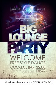 Disco ball background. Disco big lounge party poster on open space background