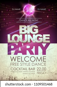 Disco ball background. Disco big lounge party poster on open space background