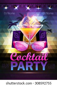Disco ball background. Disco cocktail party poster on triangle b
