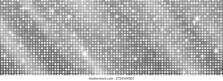 Fondo de bola de disco con patrón de mosaico de brillo y textura de azulejo de espejo. Fondo de fiesta de lentejuelas de plata con efecto brillante para el piso del club de baile. Pared de discoteca sin fisuras con luz de neón y brillo retro.