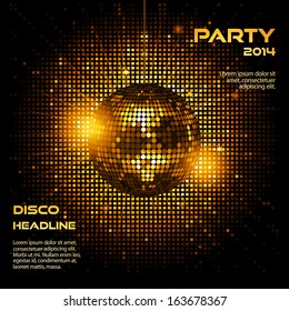Disco ball background in glowing gold on a mosaic bacground and sample text