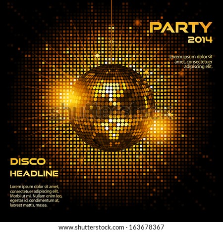 Disco ball background in glowing gold on a mosaic bacground and sample text