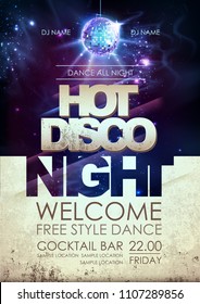 Disco ball background. Hot disco night party poster on open space background