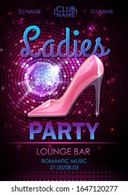 Disco ball background. Disco ladies party poster. Womens day party