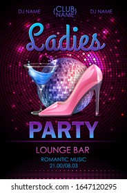 Disco ball background. Disco ladies party poster with cocktail. Womens day party