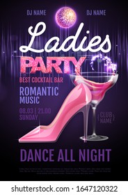 Disco ball background. Disco ladies party poster with cocktail. Womens day party