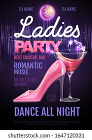 Disco ball background. Disco ladies party poster with cocktail. Womens day party