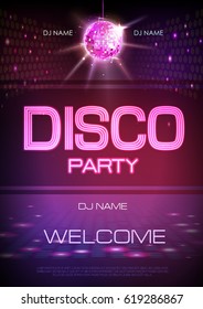 Disco ball background. Neon sign Disco party poster.