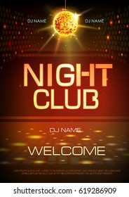 Disco ball background. Neon sign night club poster.
