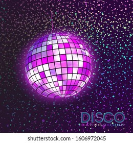 Disco ball. Disco background. Night Club party light element. Bright mirror ball design for disco dance club. Vector.