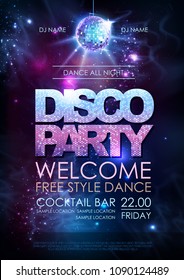 Disco ball background. Disco party poster on open space background