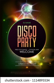 Disco ball background. Disco party poster on open space background