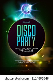 Disco ball background. Disco party poster on open space background