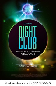 Disco ball background. Disco party poster on open space background. Night club