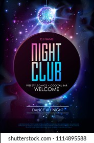 Disco ball background. Disco party poster on open space background. Night club