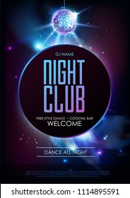 Disco ball background. Disco party poster on open space background. Night club