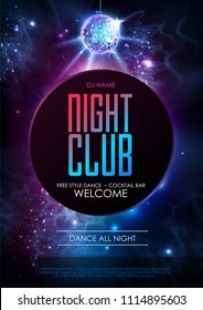 Disco ball background. Disco party poster on open space background. Night club