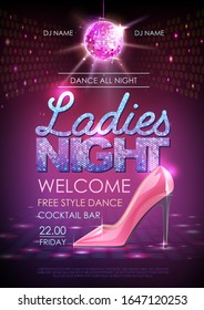 Disco ball background. Disco party poster ladies night. Womens day party