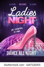 Disco ball background. Disco party poster ladies night. Womens day party