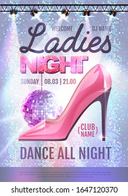Disco ball background. Disco party poster ladies night. Womens day party