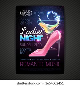 Disco ball background. Disco party poster ladies night with cocktail. Womens day party