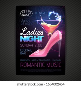 Disco ball background. Disco party poster ladies night with cocktail. Womens day party