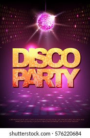 Disco ball background. Disco party poster. Neon