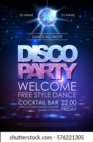 Disco ball background. Disco party poster. Neon