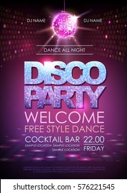 Disco ball background. Disco party poster. Neon