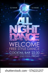 Disco Ball Background. Disco Poster All Night Dance. Neon