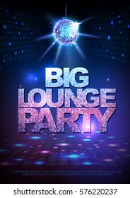 Disco ball background. Disco poster big lounge party. Neon