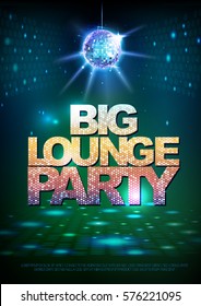 Disco ball background. Disco poster big lounge party. Neon