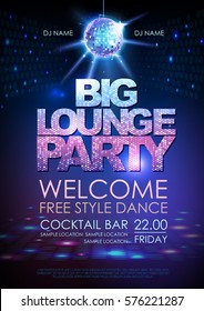 Disco ball background. Disco poster big lounge party. Neon