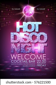 Disco ball background. Disco poster hot night. Neon